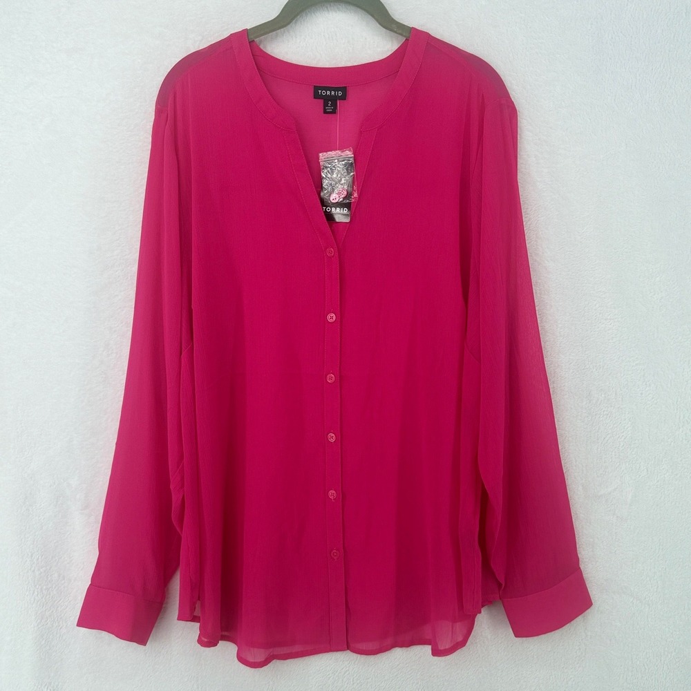 Torrid Sheer Button Front Blouse Top‎ Womens 2X (18-20) Hot Pink Long Sleeve NWT